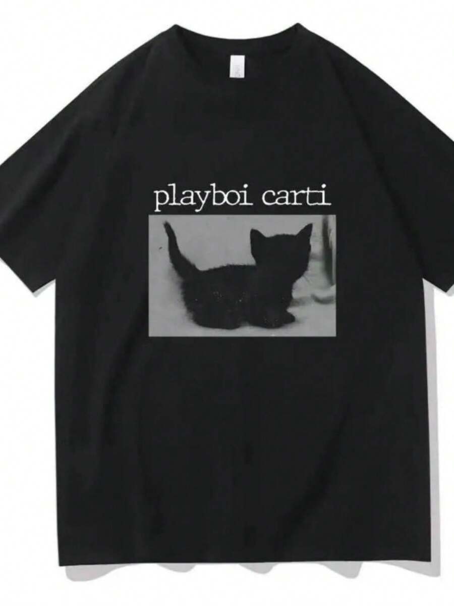 Playboi CartiS Hip-Hop T Shirts Cute Cat Harajuku Print Tee Regular WOMEN Tops Quality Rapper Tshirt 80031 - 黑色 - 查看 1