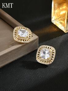 1 Pair Copper Plated Cubic Zirconia Stud Earrings, Luxurious, Multi-Color Options, Suitable For Party, Banquet, Daily Wear, Great Gift