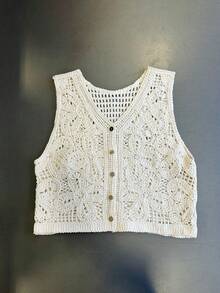 Women's Crochet Top With Buttons – Imported Cotton, One Size, Summer, Party, Social - Beige - View 3