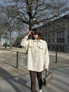 Jaqueta/Casaco de Moda Minimalista Estilo Casual de Escola/Trabalho, Manga Longa Solta, Bolso, Lapela, Lã, Cor Sólida, Adequado para Uso Diário, Outono/Inverno