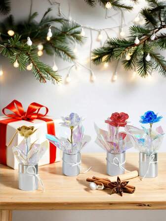 1 套人造玫瑰花束，带包装，假玫瑰镀金激光，适合生日或周年纪念礼物、母亲节、情人节礼物、婚礼纪念品和节日派对家居餐桌装饰礼物