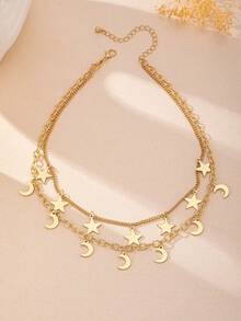 1pc Elegant Fashionable Occasion Wear Gold Metallic Moon & Star Pendant Multilayer Necklace For Women - Yellow Gold - View 3