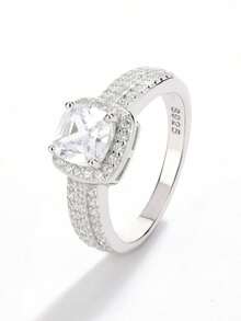 Anillo de compromiso de plata de ley 925 con corte princesa, diseño totalmente pavimentado, joyería de plata de alta gama, regalo para la novia - Blanco - Ver 8