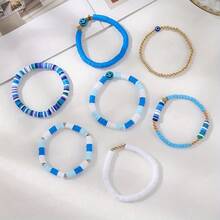 7Pcs/Set Blue & White Friendship Bracelet Set - Star & Evil Eye Charms, Soft Clay Beads In Various Shapes, Elastic Multi-Layer Stacking Style, Ideal For Parties, Daily Wear & Gifting - 藍色混合 - 查看 4