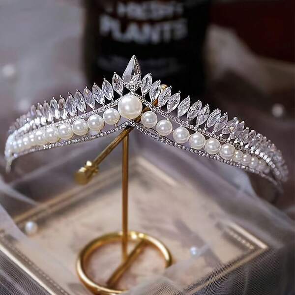 1pc Elegant Pearl & Rhinestone Crown, Princess Headband For Wedding, Birthday, Adult Formal Occasions, Bridal Tiara Accessory