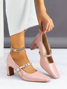 1 Par de Sapatos de Salto Grosso Quadrado de Couro Envernizado Versátil e de Alta Qualidade com Fivela de Pérola, Adequado para Várias Festas e Roupas de Trabalho, Primavera/Outono