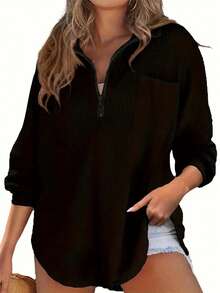 大码华夫格针织拉链口袋长袖上衣，宽松版型，欧美流行秋冬款式，大码 - 黑色 - 查看 2