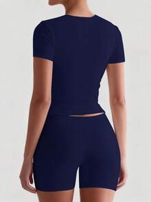 XLLAIS 2025返校季女款基础纯色修身短袖休闲T恤 夏季 - 寶藍色 - 查看 2