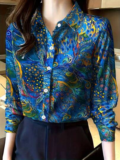 Elegant Women's Long Sleeve Floral Print Shirt - Button Collar, Vibrant Blue & Orange Floral Pattern, Lightweight Spring/Autumn Top, Machine Washable, Casual Wear, Fashionable Breathable Fabric, Must-Have For Followers