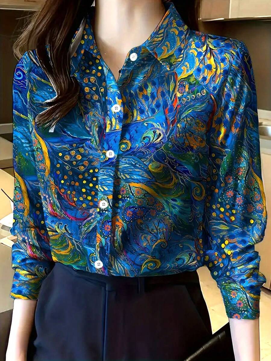 Elegant Women's Long Sleeve Floral Print Shirt - Button Collar, Vibrant Blue & Orange Floral Pattern, Lightweight Spring/Autumn Top, Machine Washable, Casual Wear, Fashionable Breathable Fabric, Must-Have For Followers - Blue - View 1