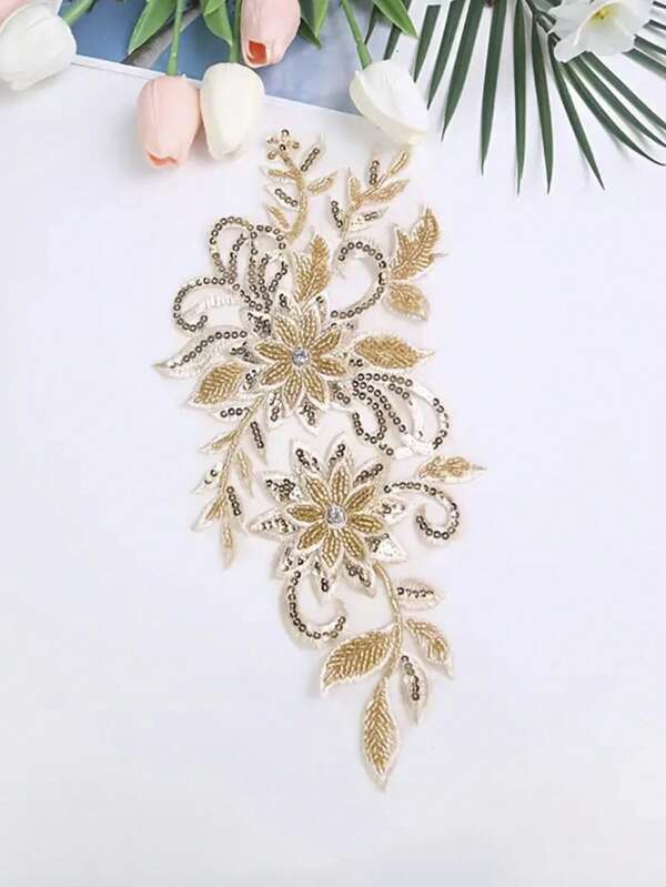 1pc Embroidered Beaded Organza Lace Patch, DIY Costume, Wedding Dress, Decorative Sewing Accessory