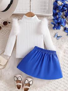 2 piezas Conjunto de niña bebé con camiseta de manga larga de cuello alto minimalista y falda plisada con moño, adecuado para salidas