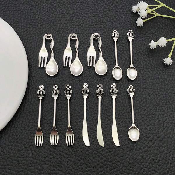 10 pièces/set Série de couverts vintage en argent - Accessoires de porte-clés en alliage avec cuillère et fourchette réalistes