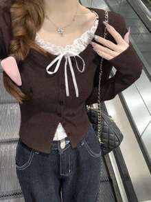 Spring Korean Style Lace Patchwork Button Slim Fit 2 In 1 Long Sleeve Base T-Shirt - Brown - View 2
