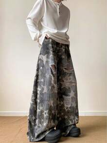 American Style Design Full Of Star Print Ripped Jeans, Fashionable And Versatile For Men And Women, Vintage Washed Curved Knife Pants