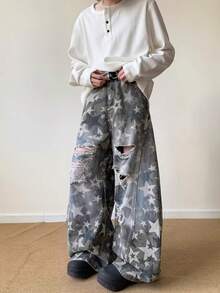 American Style Design Full Of Star Print Ripped Jeans, Fashionable And Versatile For Men And Women, Vintage Washed Curved Knife Pants