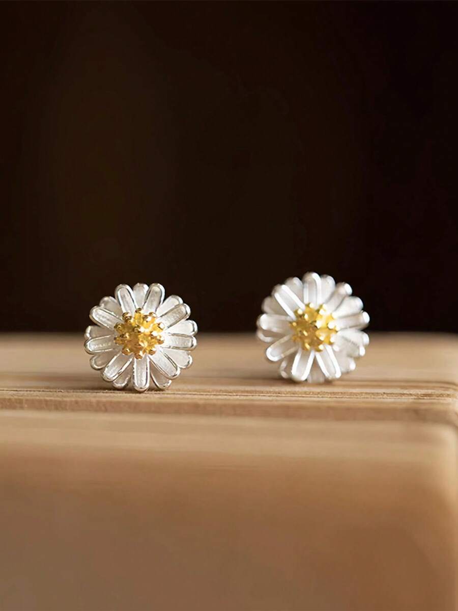 Cercei stud din argint sterlin S925 cu margarete delicate, 1 buc., pentru femei, design minimalist elegant, potriviți pentru purtare zilnică.