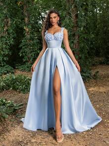 Vestidos de fiesta formales para mujeres Faeriesty: Vestido de noche de satén con detalles de aplicaciones florales, diseño de lazo en la espalda, falda de línea A con abertura alta - Perfecto para fiestas en el jardín, recepciones de bodas, cenas al aire libre y tardes de té