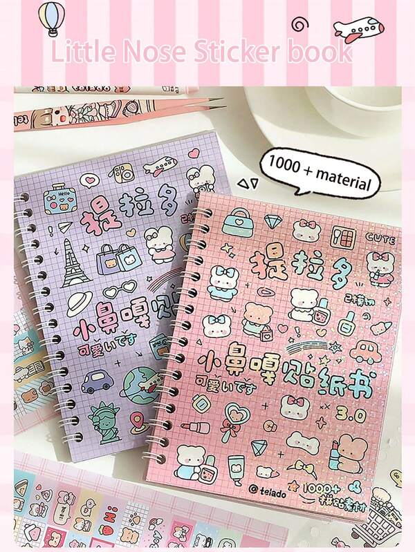 Este es un lindo libro de pegatinas DIY, con talla grande de 1,000 materiales de pegatinas adorables sin cortar, incluyendo un pequeño libro de pegatinas de nariz. Su característica es una variedad de patrones lindos adecuados para planificadores creativos lindos para collage, etiquetas, diarios de basura y accesorios decorativos de planificación creativa de múltiples escenarios. Adecuado para decorar fundas de teléfono, pegatinas de teléfono de metal, álbumes de recortes, diarios de balas, regalos de cumpleaños y festivales