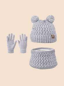 3 件套儿童帽子、手套和围巾套装，保暖内衬护耳针织帽，适合男孩和女孩的冬季保暖服装 - 雙球三件套 - 查看 3