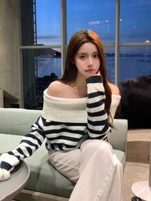 Korean Style Striped Off-Shoulder Knit Long Sleeve Sweater Top (Random Stripe) - White and Navy Stripes - View 1