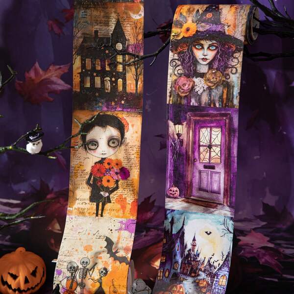 6 rollos de cinta washi de corte troquelado con fondo de magia oscura de la serie del pueblo celta vintage para decoración retro DIY