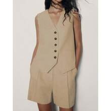 2 Piece Outfits Women Summer Bussiness Linen Sets Sleeveless Vest Button Waistcoat and Pockets Shorts - inicial - Ver 2