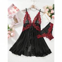 Sexy Open Front V Neck Ruffle Sheer Mesh Lace Wireless Babydoll Lingerie Set With Thong 2 Piece"Set". - black red - View 6