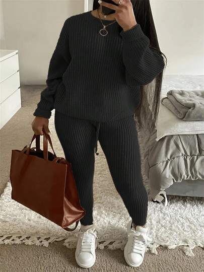 Women's 2 Pcs Sweater Set Crew Neck Long Sleeve Solid Color Sweater Top And Elastic Waist Pants, 2 Pieces Knit Set For Women, Fall/Winter Outfits, Casual Loungewear Set, Women Pant Set, Winter Clothes For Women, Going Out Outfit