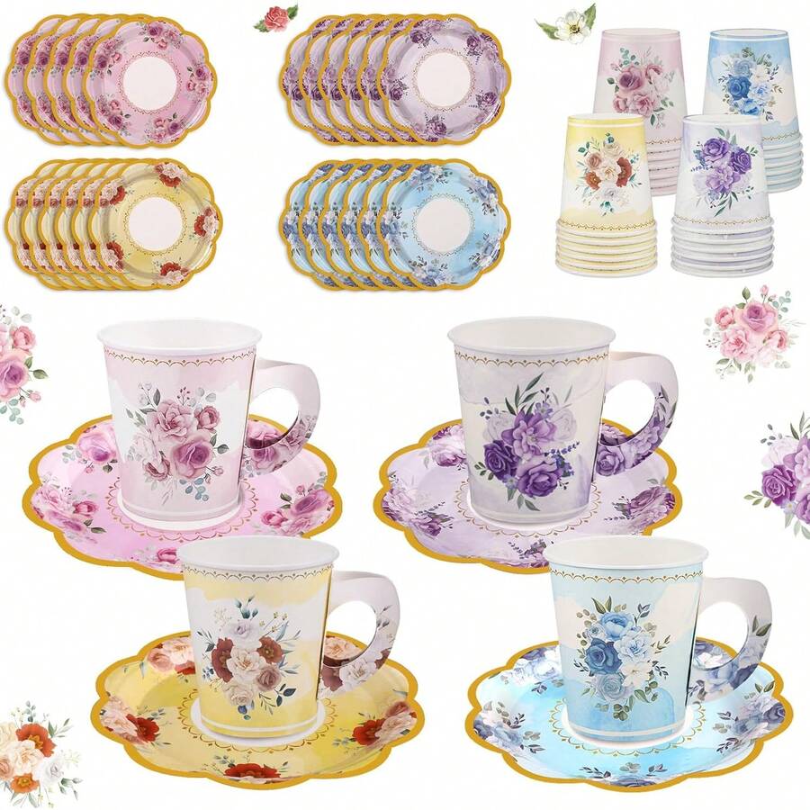 24 Sets Disposable Paper Tea Cups 7 OZ Floral Tea Party Cups With ...