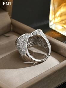 1pc Women's Adjustable Copper Ring With Micro-Inlaid Cubic Zirconia Luxury Heart Design, Suitable For Parties, Banquets And Daily Wear