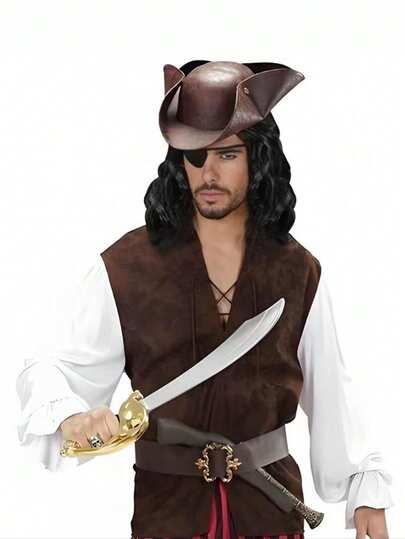 Skeleteen Faux Leather Pirate Hat - Brown Black Distressed Leather Colonial Style Tricorn Hat, Halloween Party Supplies