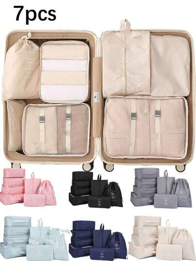 10pcs/Set Large Capacity Travel Organizer Bags, Multi-Functional Makeup Bag, Waterproof Storage Pouch For Cosmetic Brushes, Toiletries, Lipstick, Eyeshadow, Mirror, Toothbrush, Soap, Shampoo, Comb, Watch, Phone, Necklace, Jewelry, Electronics