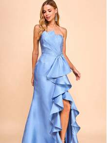 ALTA CALIDAD VESTIDO LARGO SIRENA CON ESCOTE CORAZÓN  Y DISEÑO DE OLANES - Neblina azul - Ver 1