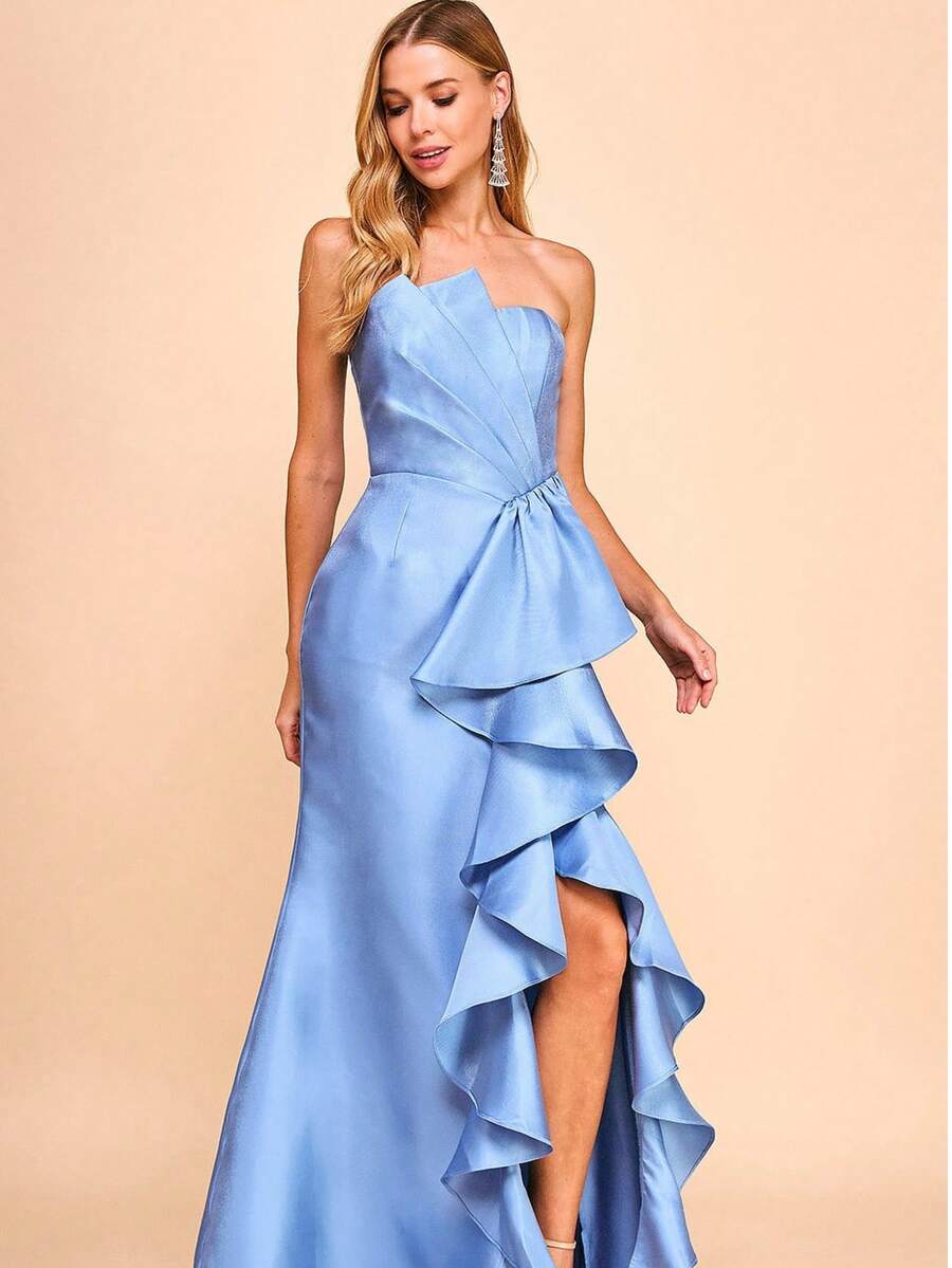 ALTA CALIDAD VESTIDO LARGO SIRENA CON ESCOTE CORAZÓN Y DISEÑO DE OLANES - Neblina azul - Ver 1
