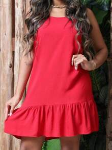 Women's Basic Loose Ruffle Dress With Adjustable Straps - Viscose Fabric - Đỏ - Xem 5