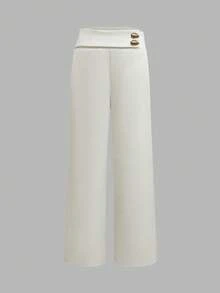 Pantalon large décontracté pour femmes, coupe ample jusqu'à la cheville avec décoration de boucle métallique, beige, automne/hiver