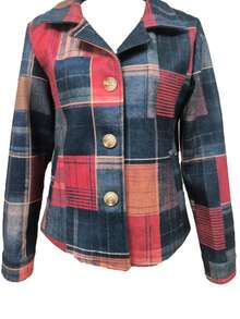 1 pieza Chaqueta casual con botones y estampado a cuadros aleatorio para mujer - Manga larga, cuello de solapa, bolsillos, apta para todas las estaciones, uso casual, hogar, diario, vacaciones, viaje