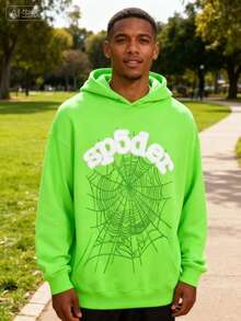 Spider Web Letter Printed Hoodie Y2k Hoodie Men's Pullover Women's Hoodie - 綠色 - 查看 3