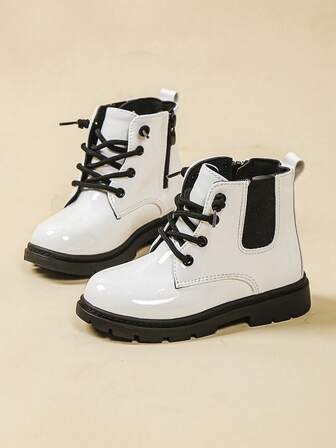 Stivaletti corti antiscivolo comodi in pelle lucida per bambine, stivali per bambini autunno/inverno