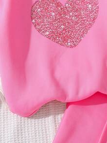 Left Mama 2pcs/Set Girls Floral Print Thermal Lined Long Sleeve Top And Straight Pants Set, Autumn/Winter - Hot Pink - View 5