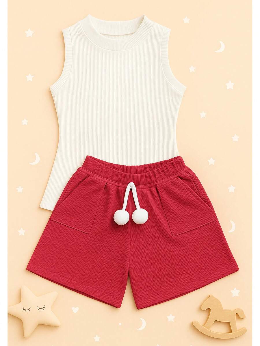 Children's And Youth Set Basic Tank Top + Ribbed Shorts With Pompom Super Stylish 2-Piece Kit For Girls And Teenagers Spring Summer CJI039 - Pink and White - View 1