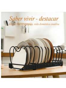 Escurridor de platos de cocina, organizador retráctil para platos, sartenes y ollas, estante organizador de tapa para gabinete, soporte multifuncional de metal con 7 compartimentos ajustables - Negro - Ver 8