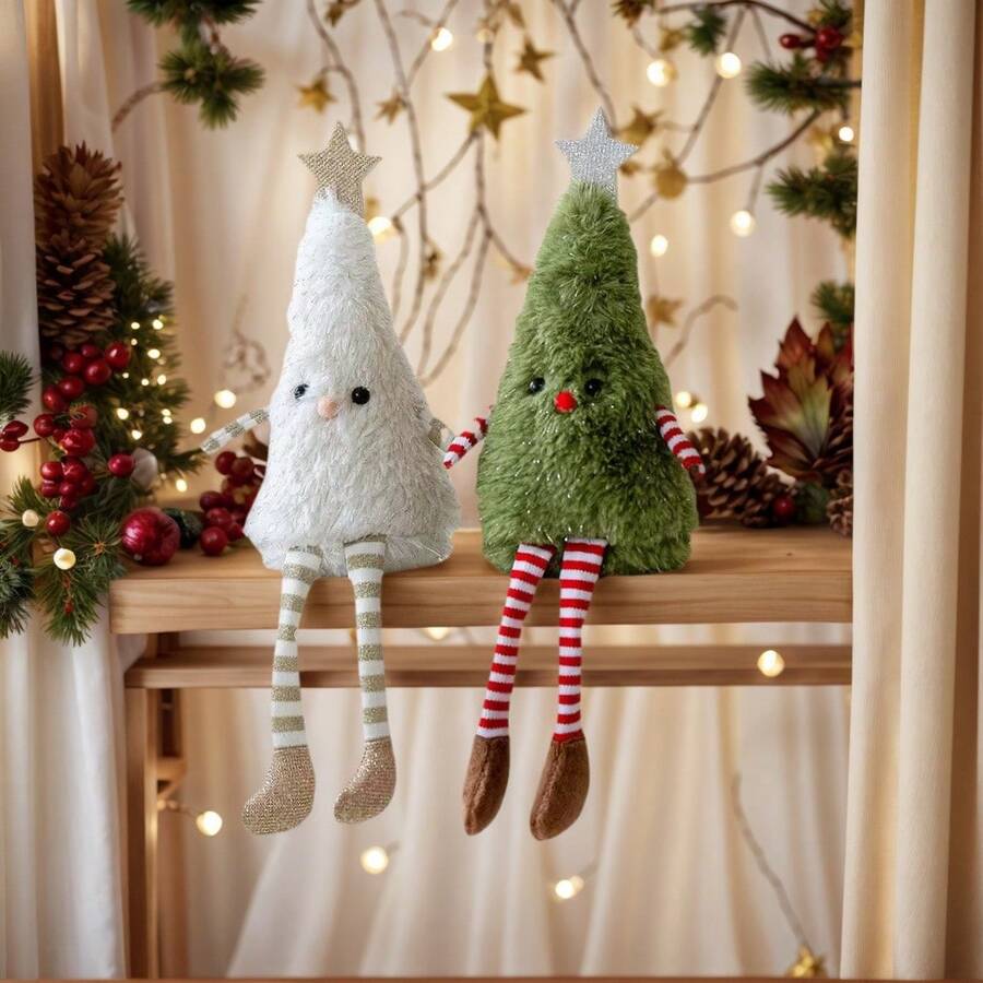 2pcs Christmas Tree Shaped Long Leg Green & White Decor Figurines Set, Indoor Tabletop Decoration Home Decor Christmas Decorations Room Decor