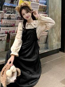 Váy yếm rộng midi trơn màu mùa hè 2025, không bao gồm áo sơ mi - màu đen - Xem 3