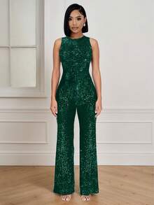 Mono sin mangas de mujer con piernas anchas y lentejuelas para fiesta, con cremallera y tela elástica de alta calidad - Verde - Ver 4