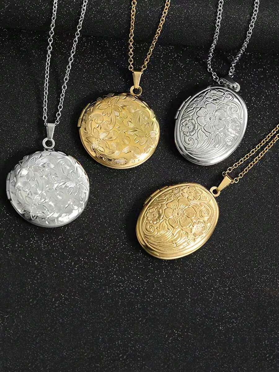 1pc Stainless Steel Hollow Vintage French 18K Plated Oval Embossed Floral Geometric Pendant Necklace, Can Open To Hold Photos, Minimalist Elegant Jewelry Gift For Men & Women, Valentine's Day