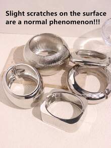 夸张朋克不对称几何粗手镯，银色宽大秋冬叠戴珠宝，高端配饰，设计独特 - 銀色 - 查看 5