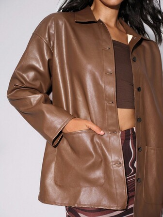 TypaGal Women Fall Autumn Winter Casual Sporty Chic Modern Going Out Elegant Sexy Brown Single Breasted Patch Pocket PU Leather Warm Coat In Fall/Winter