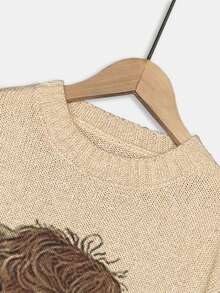 Farbblock Katzendruck Locker Lässig Strick Pullover